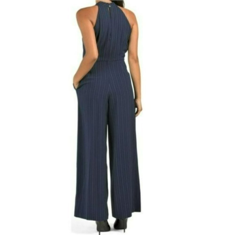 NWT JULIA JORDAN Sleeveless Twist Halter Neck Wide Leg Striped Jumpsuit - Picture 4 of 10